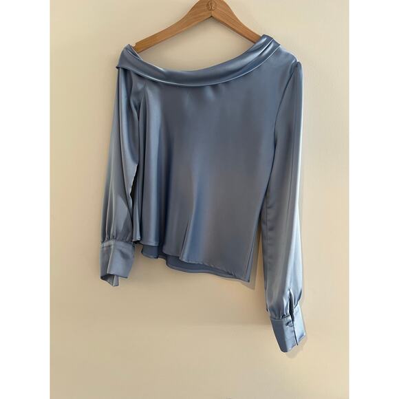 Bobbles & Lace Off the Shoulder Satin Cocktail Dress Shirt Sky Blue Size Small - Picture 7 of 8